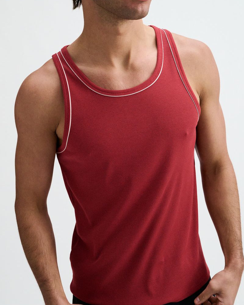 CARMINE/WHITE RIB STRETCH COTTON/TENCEL TANK W/FINE PIPING DETAIL STA-16011