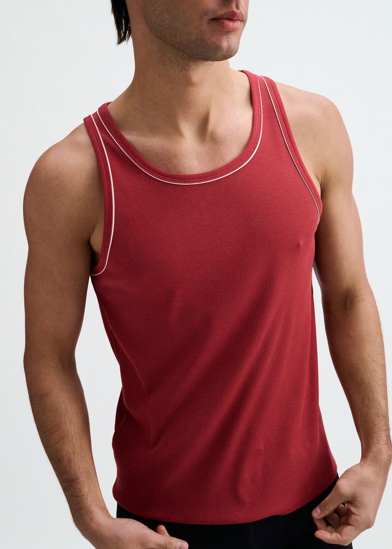 CARMINE/WHITE RIB STRETCH COTTON/TENCEL TANK W/FINE PIPING DETAIL STA-16011