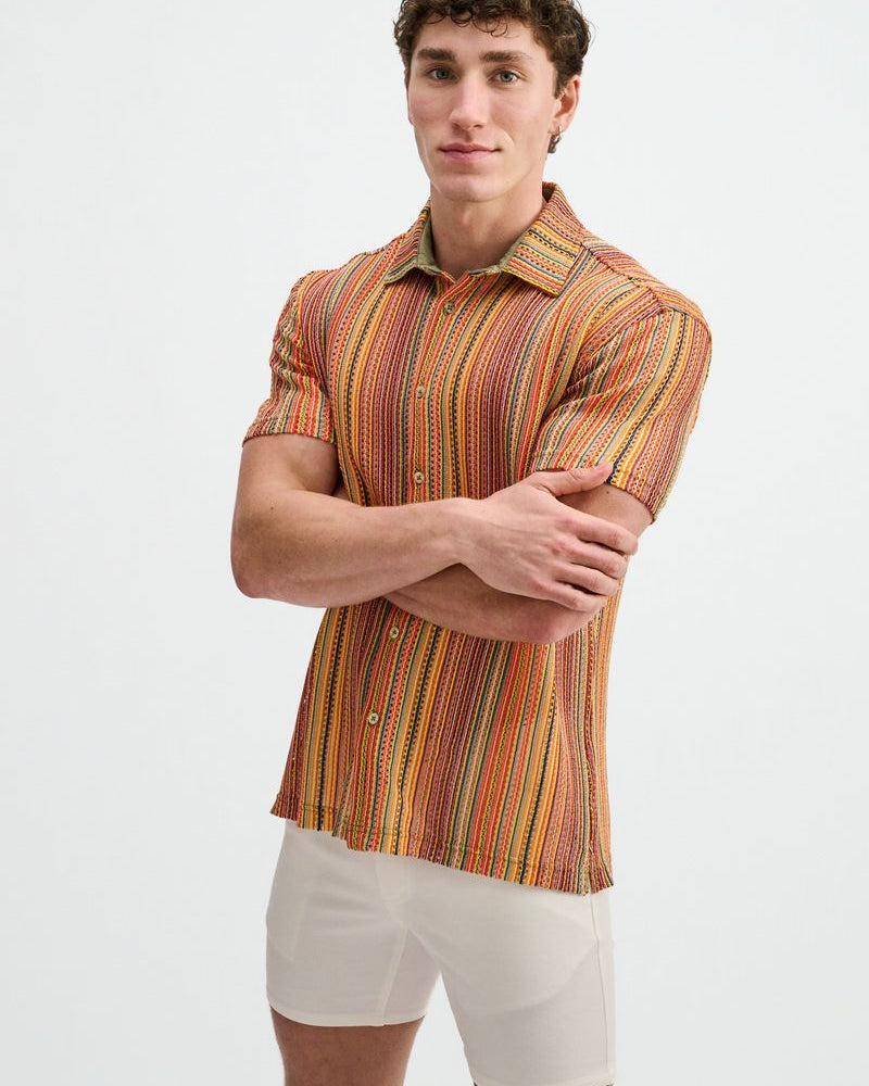 BUMBLEBEE/SAGE VERTICAL STRIPE OPEN KNIT SHORT SLEEVE SHIRT ST-24074