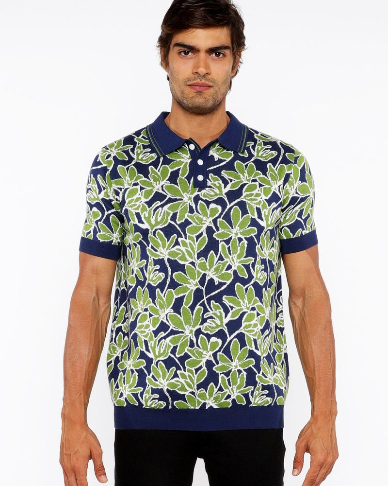 BUD/NAVY FLORAL JACQUARD KNIT 3-BUTTON POLO ST-24307