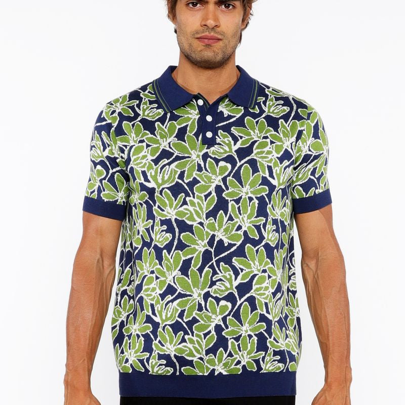 BUD/NAVY FLORAL JACQUARD KNIT 3-BUTTON POLO ST-24307