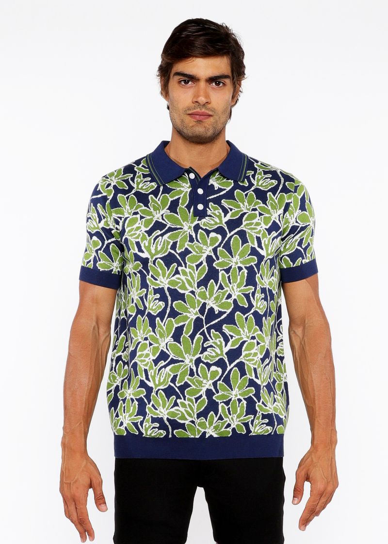 BUD/NAVY FLORAL JACQUARD KNIT 3-BUTTON POLO ST-24307