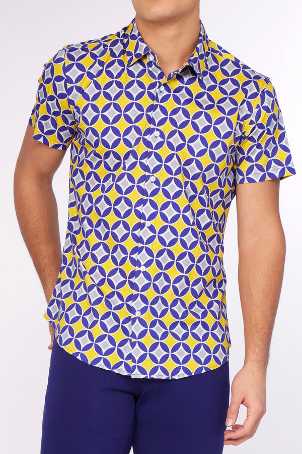 NAVY/YELLOW CIRCLE MOSAIC STRETCH JERSEY KNIT SHORT SLEEVE SHIRT FINAL SALE