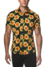 YELLOW/BLACK SUNFLOWERS STRETCH JERSEY KNIT SHORT SLEEVE SHIRT  ST-9268