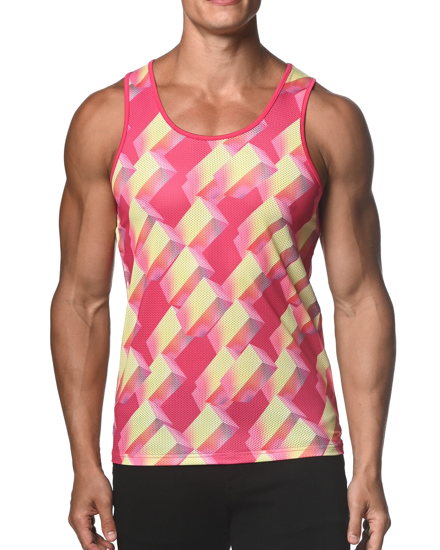 YELLOW/PINK BOXES PRINTED MESH TANK TOP  ST-11076