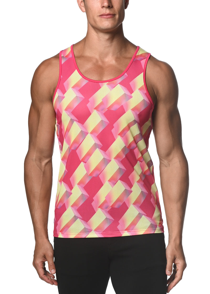 YELLOW/PINK BOXES PRINTED MESH TANK TOP  ST-11076