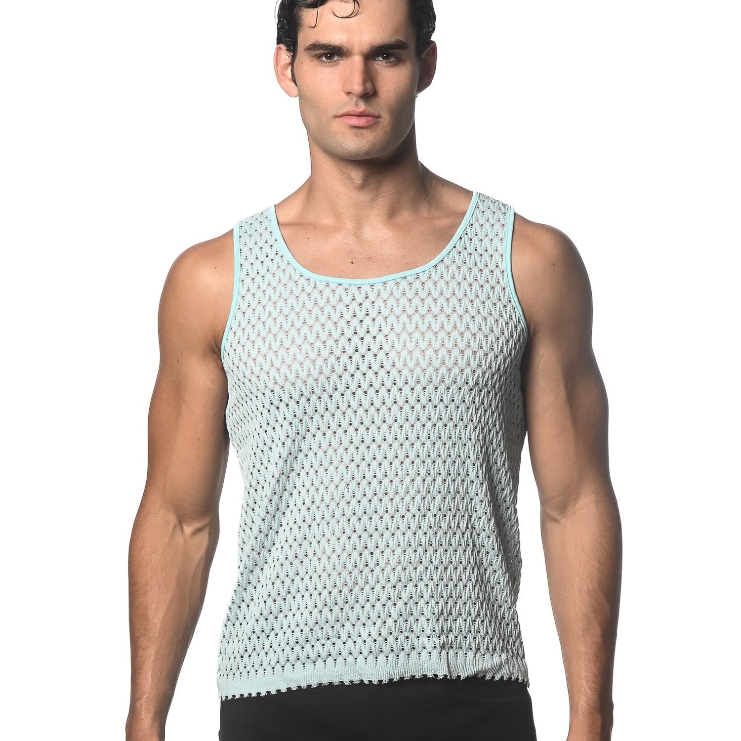BABY BLUE WAVE MESH STRETCH KNIT TANK ST-24209