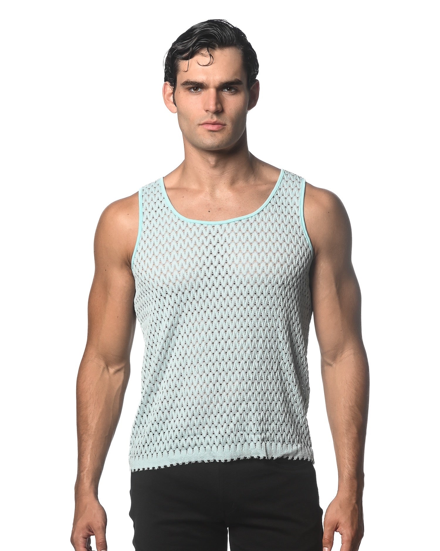 BABY BLUE WAVE MESH STRETCH KNIT TANK ST-24209