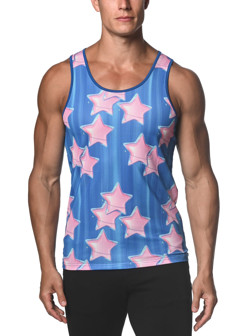 SAPPHIRE/PINK STARS PRINTED MESH TANK TOP  ST-11075