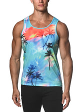 AZURE PALMS PRINTED STRETCH JERSEY KNIT TANK TOP  ST-471