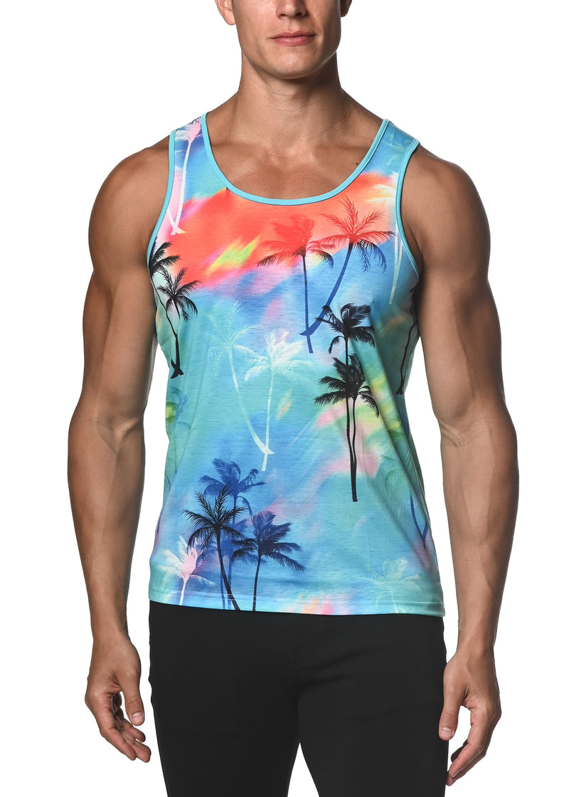 AZURE PALMS PRINTED STRETCH JERSEY KNIT TANK TOP  ST-471