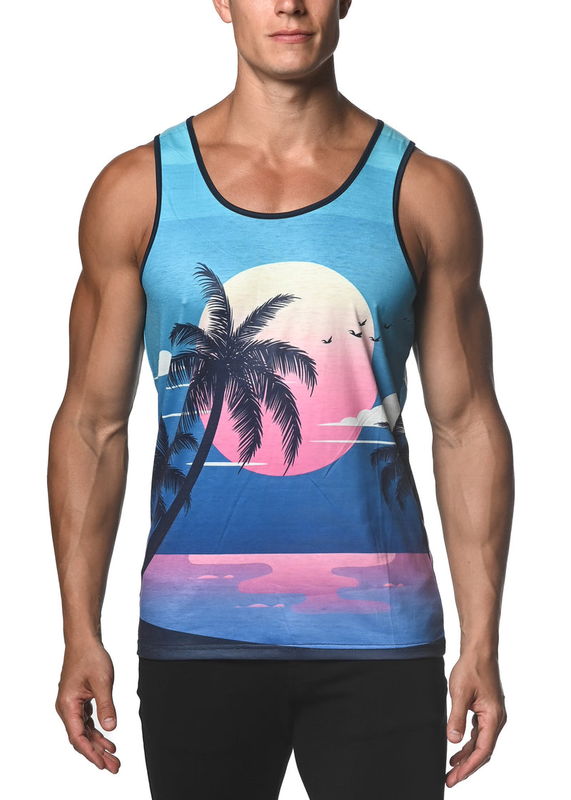 TEAL PALM BEACH PRINTED STRETCH JERSEY KNIT TANK TOP  ST-473