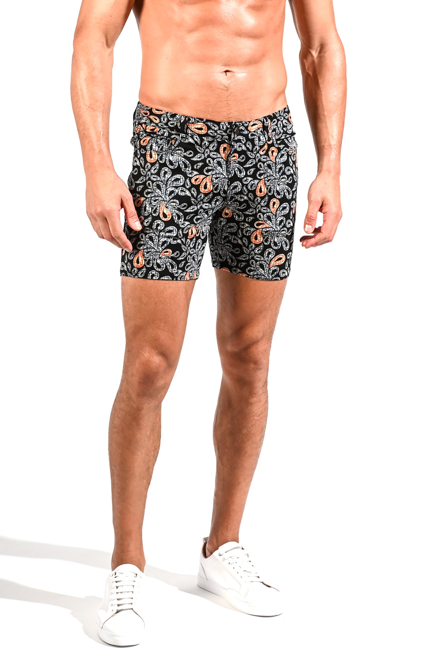 AMBER/ECRU PAISLEY  5" STRETCH KNIT JEANS SHORTS Final Sale