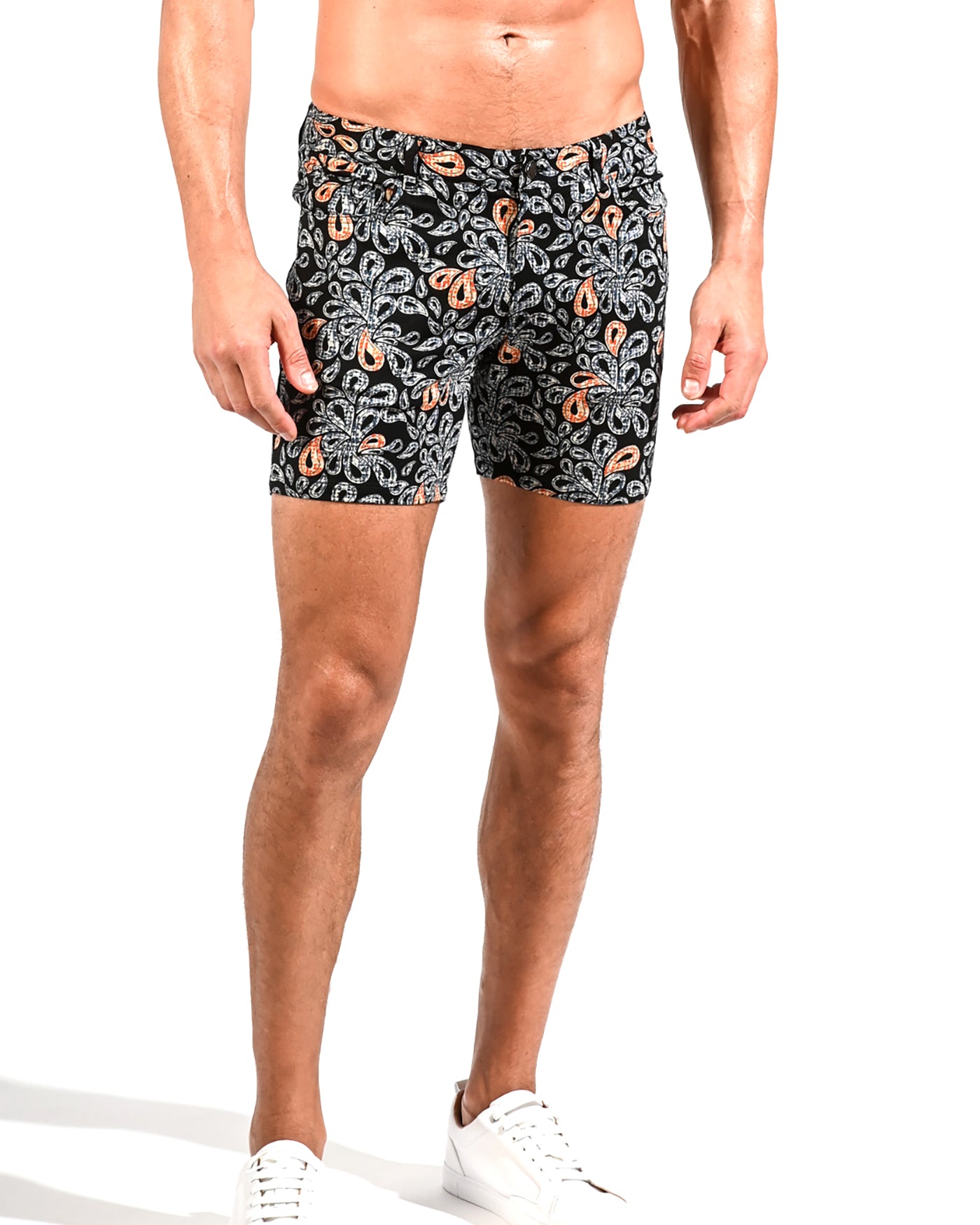 AMBER/ECRU PAISLEY  5" STRETCH KNIT JEANS SHORTS Final Sale