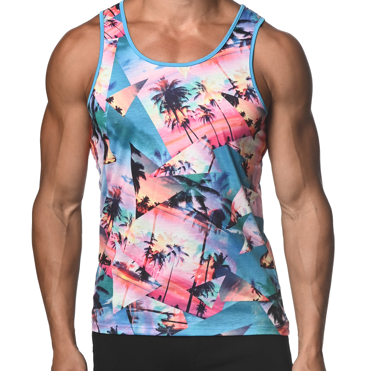 TURQUOISE PALM COLLAGE PRINTED STRETCH JERSEY KNIT TANK TOP  ST-470
