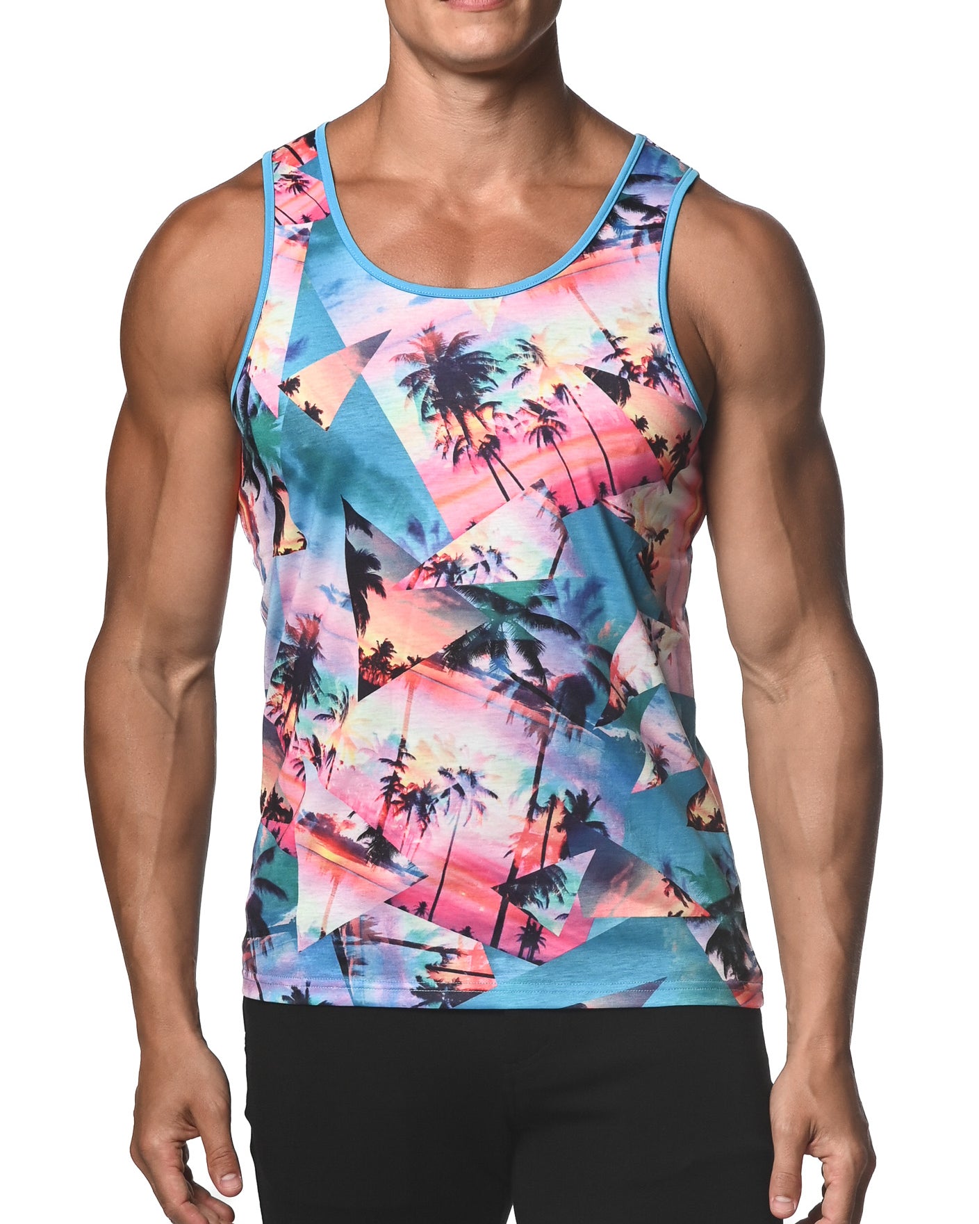 TURQUOISE PALM COLLAGE PRINTED STRETCH JERSEY KNIT TANK TOP  ST-470