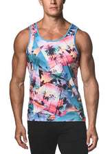 TURQUOISE PALM COLLAGE PRINTED STRETCH JERSEY KNIT TANK TOP  ST-470