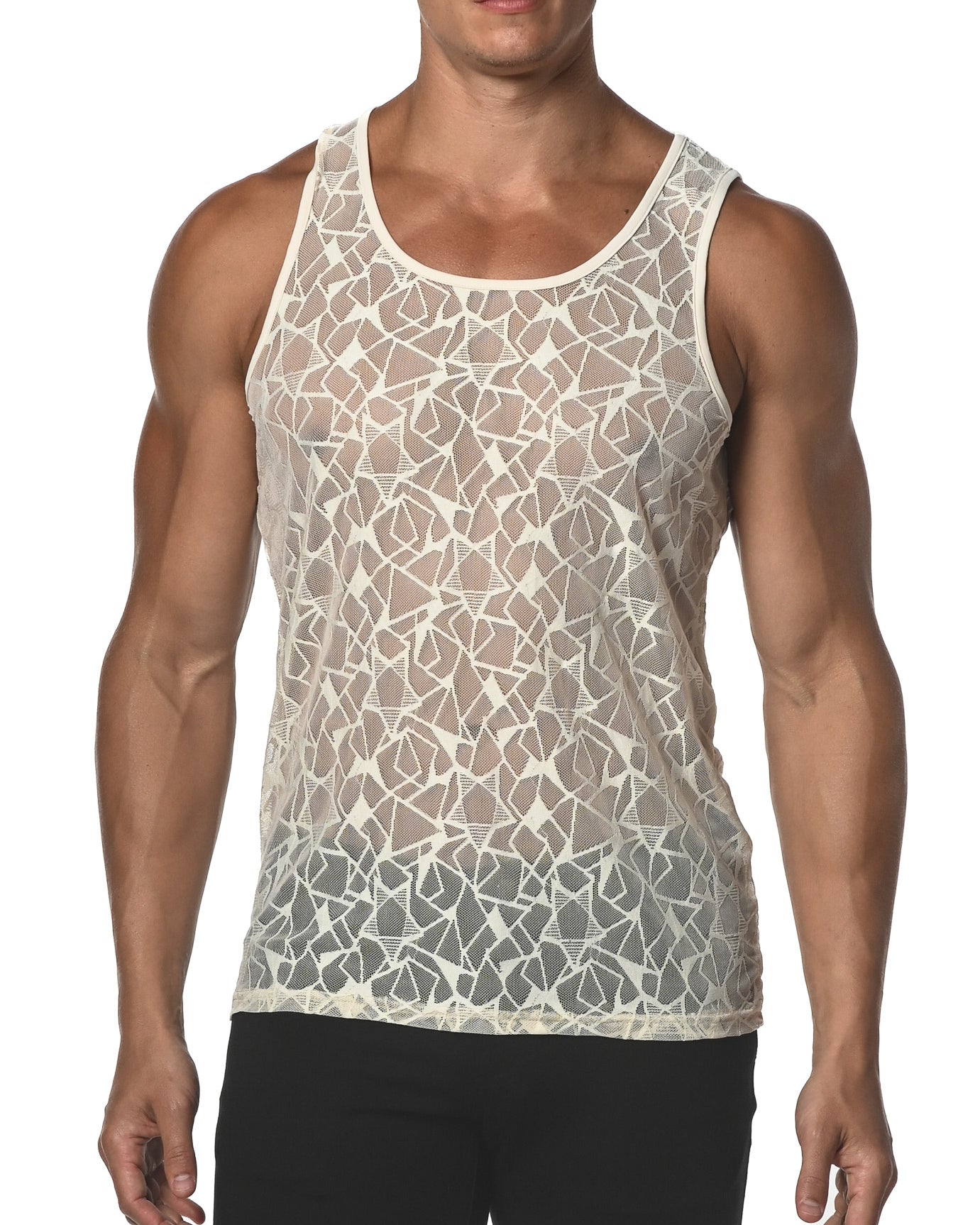 BEIGE STARS STRETCH GOSSAMER LACE TANK TOP  ST-25005