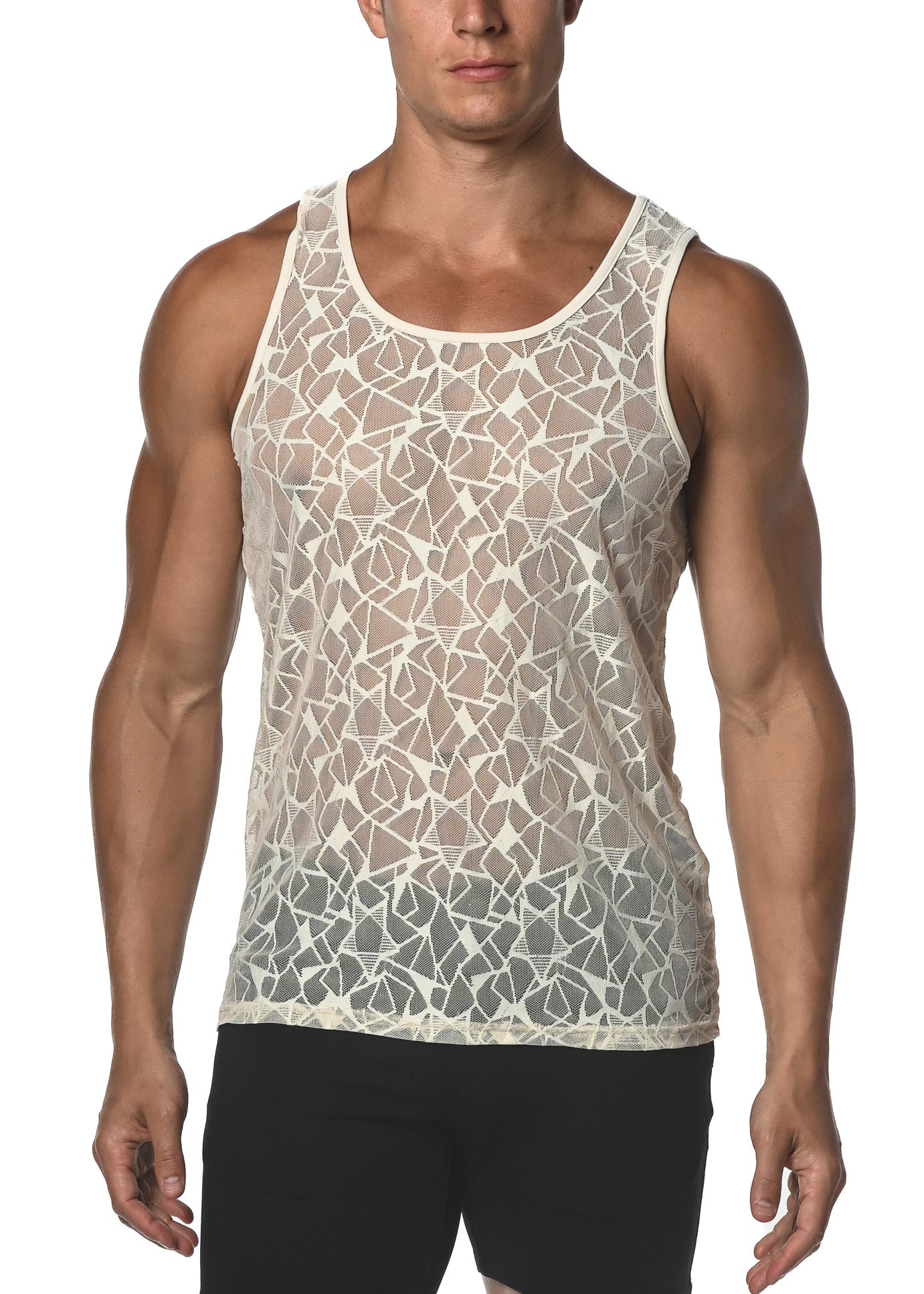 BEIGE STARS STRETCH GOSSAMER LACE TANK TOP  ST-25005