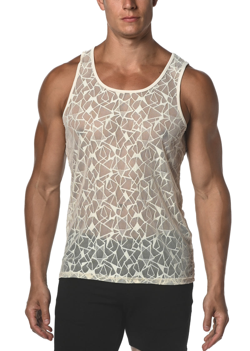 BEIGE STARS STRETCH GOSSAMER LACE TANK TOP  ST-25005