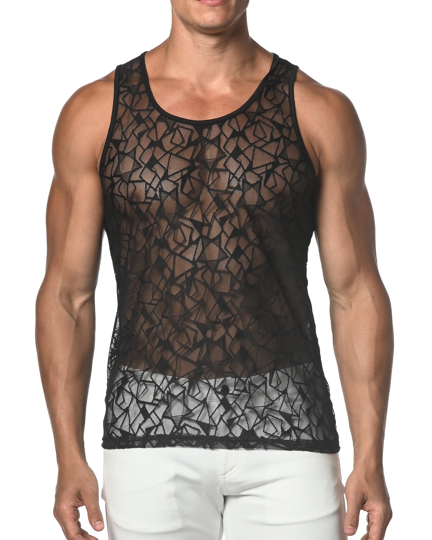 BLACK STARS STRETCH GOSSAMER LACE TANK TOP  ST-25005