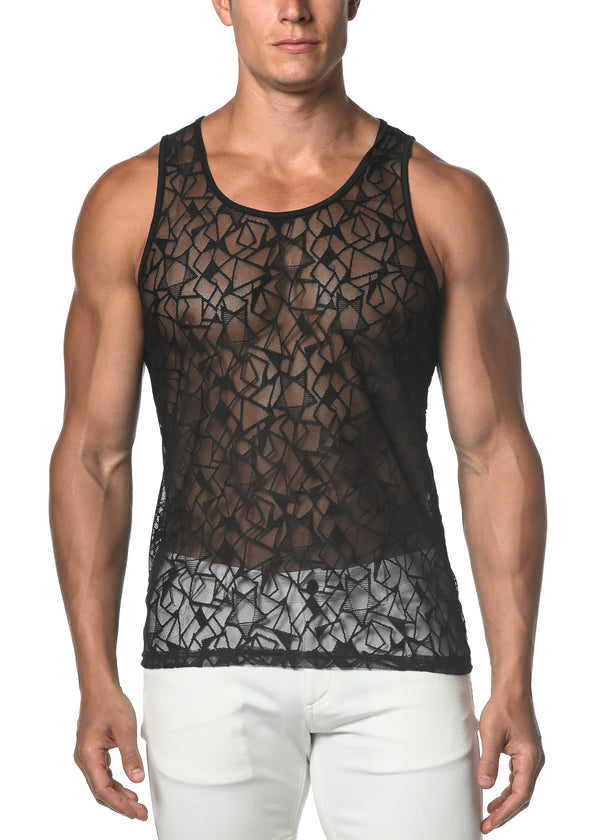 BLACK STARS STRETCH GOSSAMER LACE TANK TOP  ST-25005