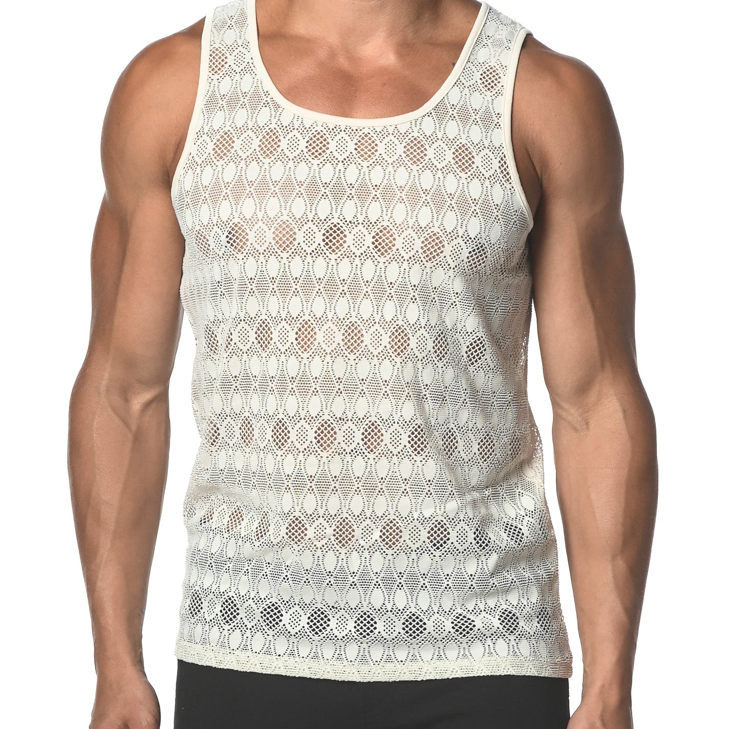 BEIGE OVAL STRETCH GOSSAMER LACE TANK TOP  ST-25002