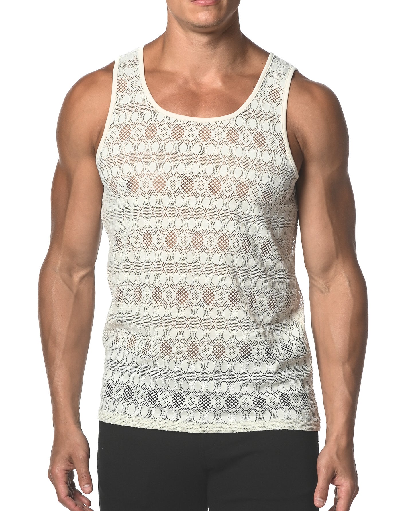 BEIGE OVAL STRETCH GOSSAMER LACE TANK TOP  ST-25002