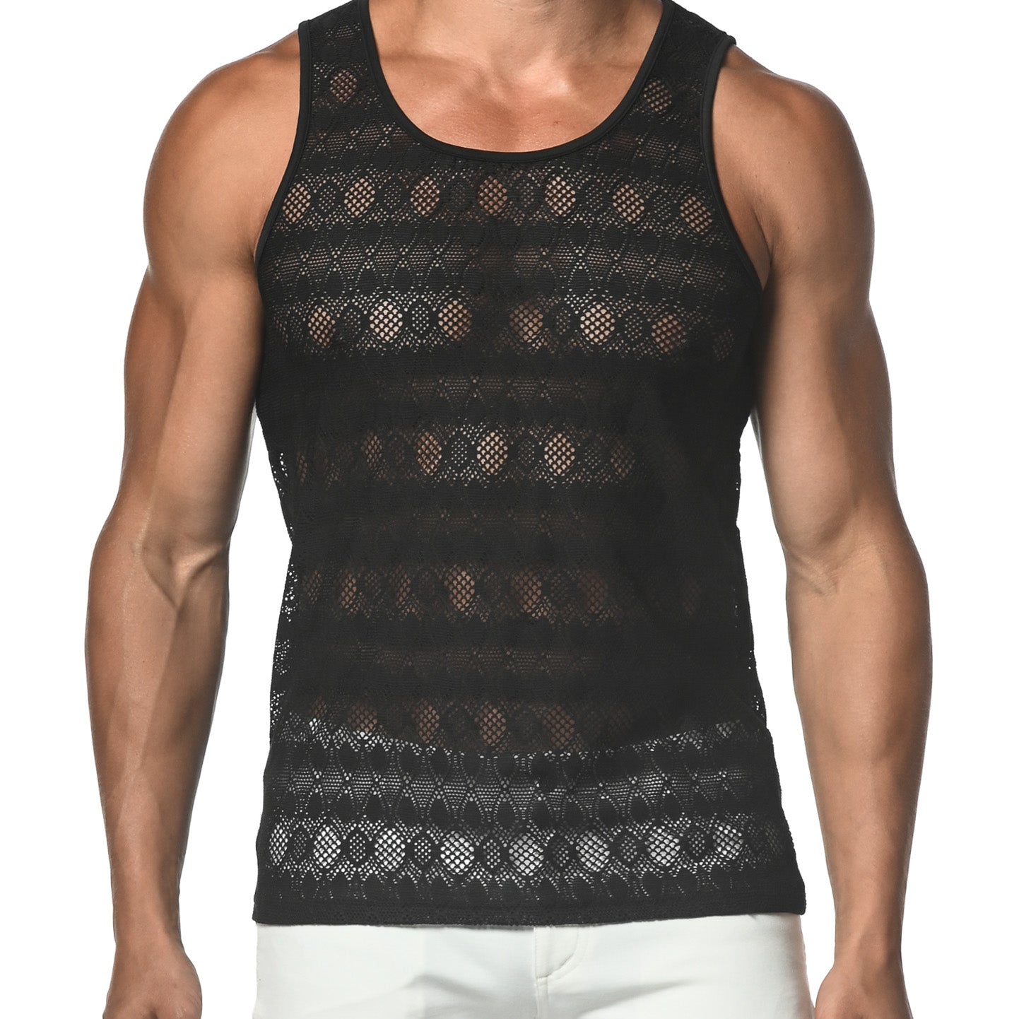 BLACK OVAL STRETCH GOSSAMER LACE TANK TOP  ST-25002