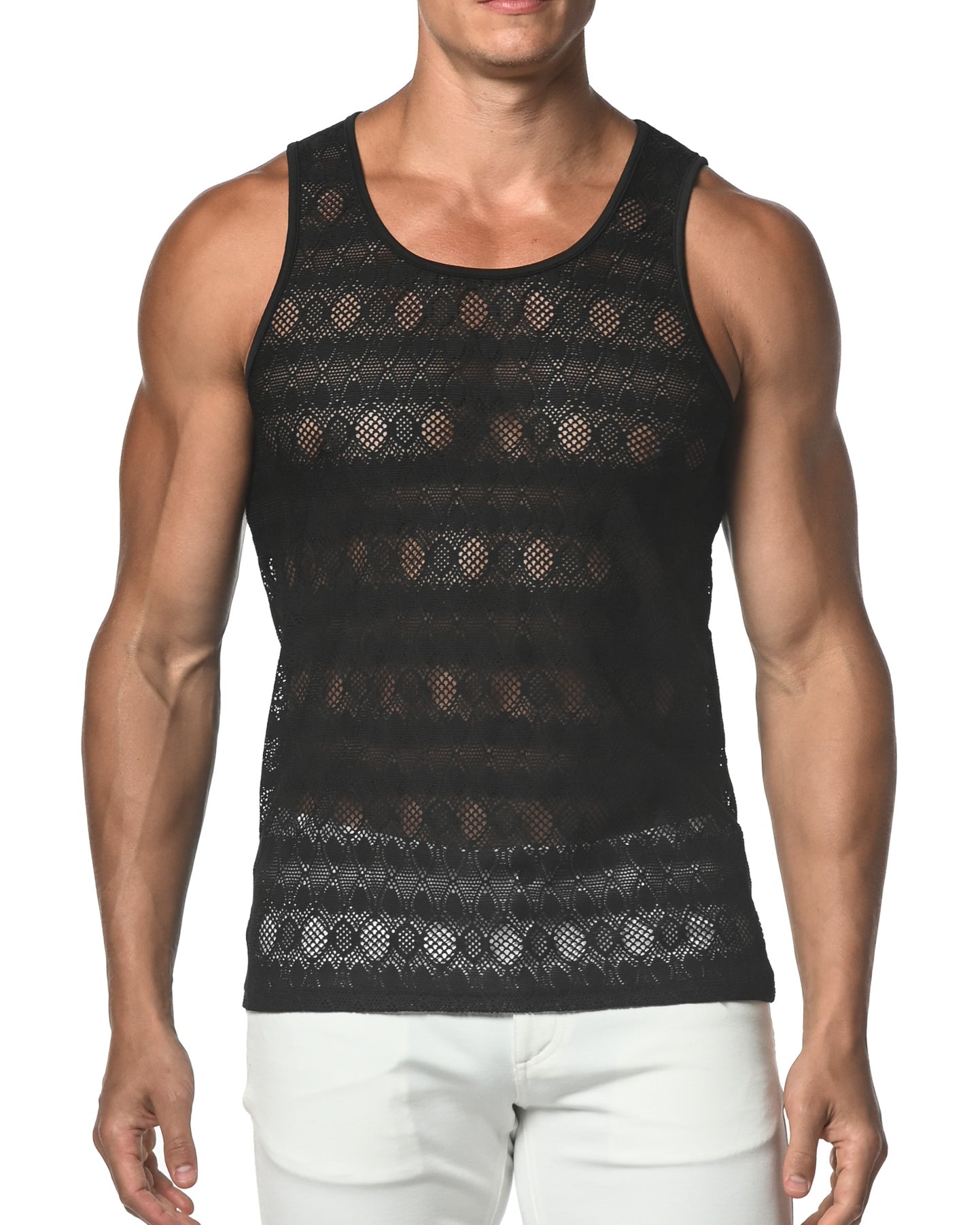 BLACK OVAL STRETCH GOSSAMER LACE TANK TOP  ST-25002