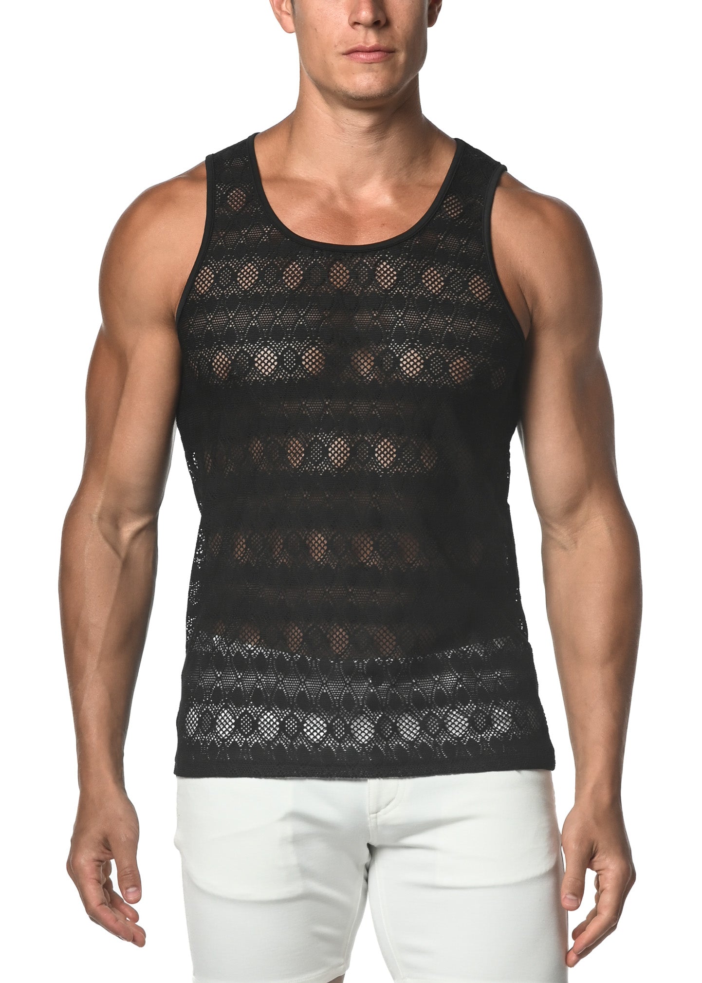 BLACK OVAL STRETCH GOSSAMER LACE TANK TOP  ST-25002