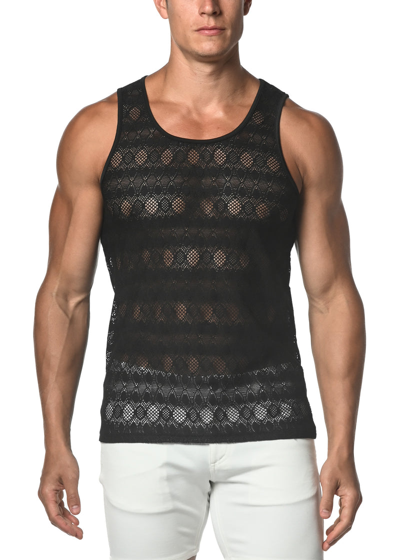 BLACK OVAL STRETCH GOSSAMER LACE TANK TOP  ST-25002