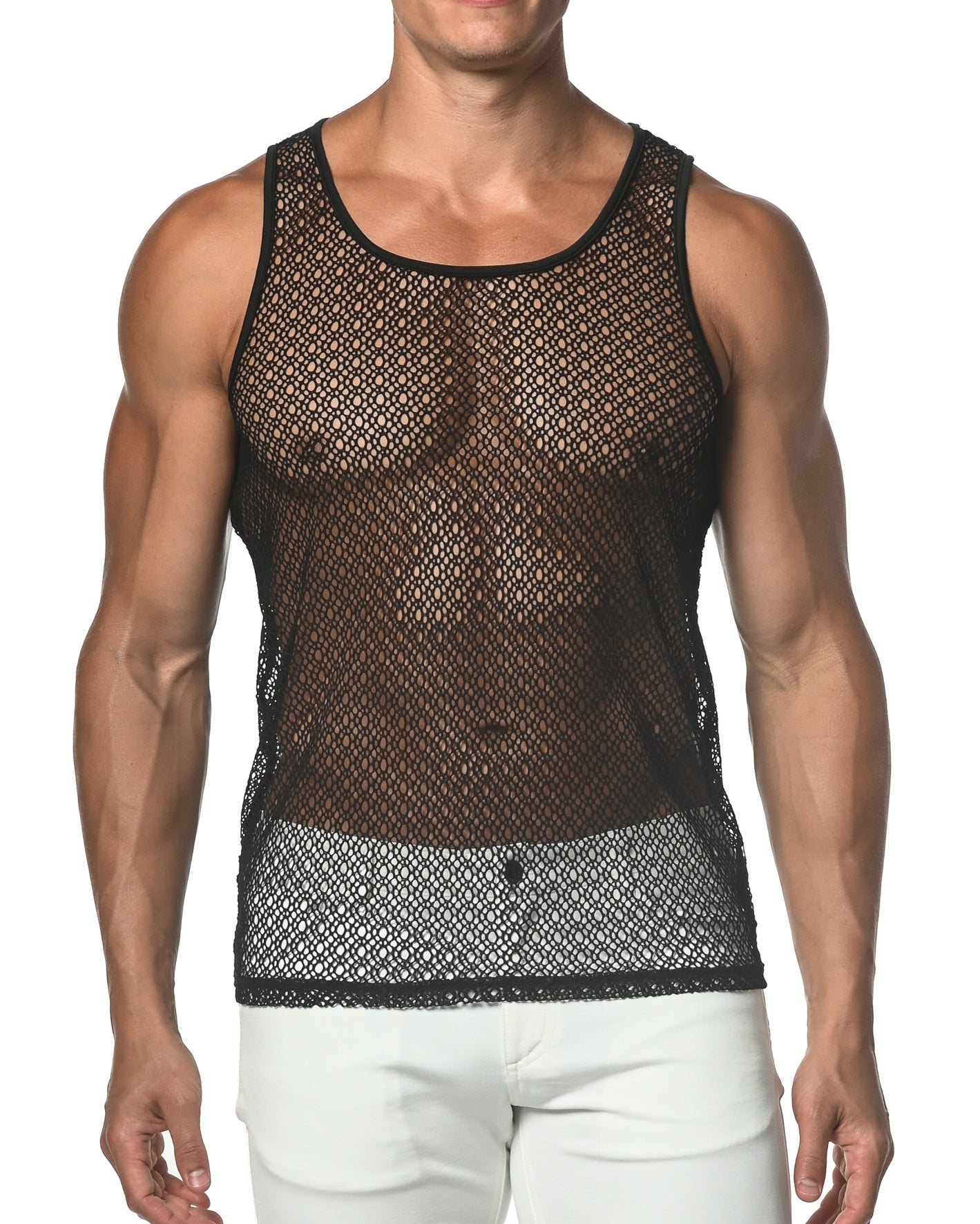 BLACK WEB STRETCH GOSSAMER LACE TANK TOP  ST-25004