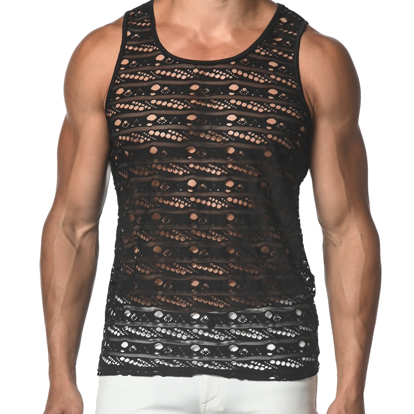 BLACK DASH DOT STRETCH GOSSAMER LACE TANK TOP  ST-25001
