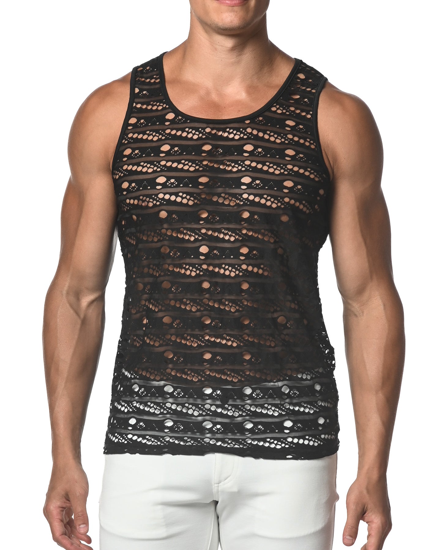BLACK DASH DOT STRETCH GOSSAMER LACE TANK TOP  ST-25001
