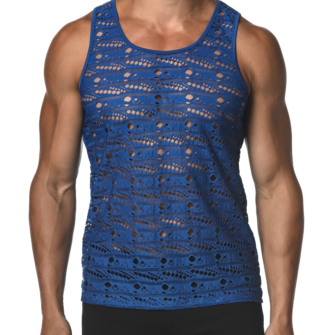VIVID BLUE DASH DOT STRETCH GOSSAMER LACE TANK TOP  ST-25001
