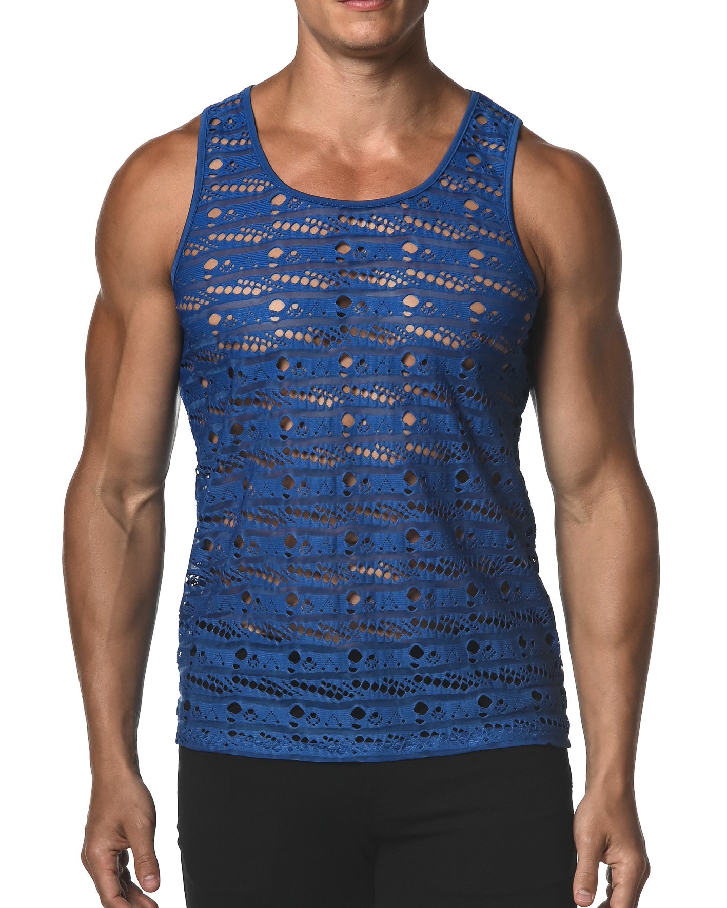 VIVID BLUE DASH DOT STRETCH GOSSAMER LACE TANK TOP  ST-25001