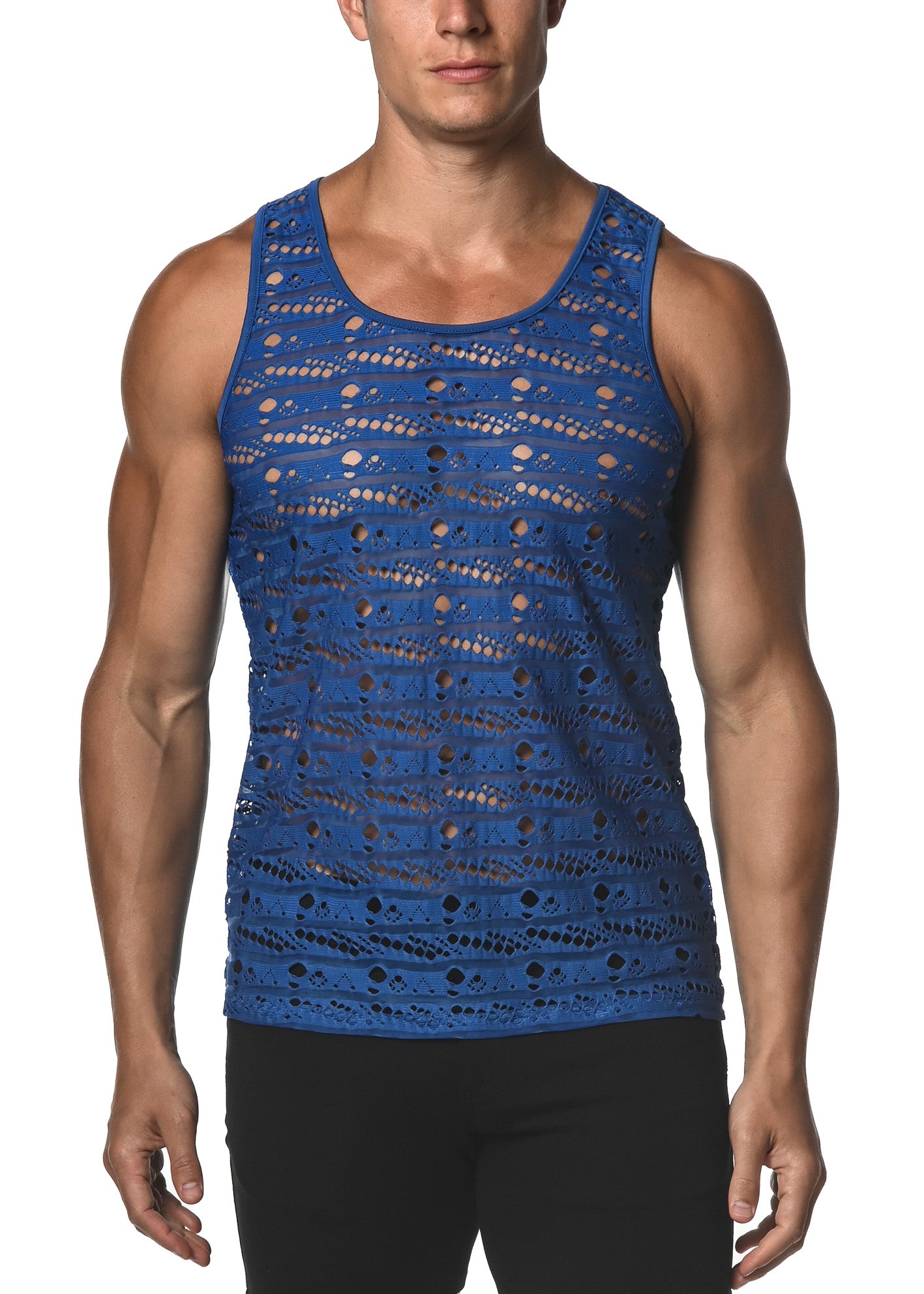 VIVID BLUE DASH DOT STRETCH GOSSAMER LACE TANK TOP  ST-25001