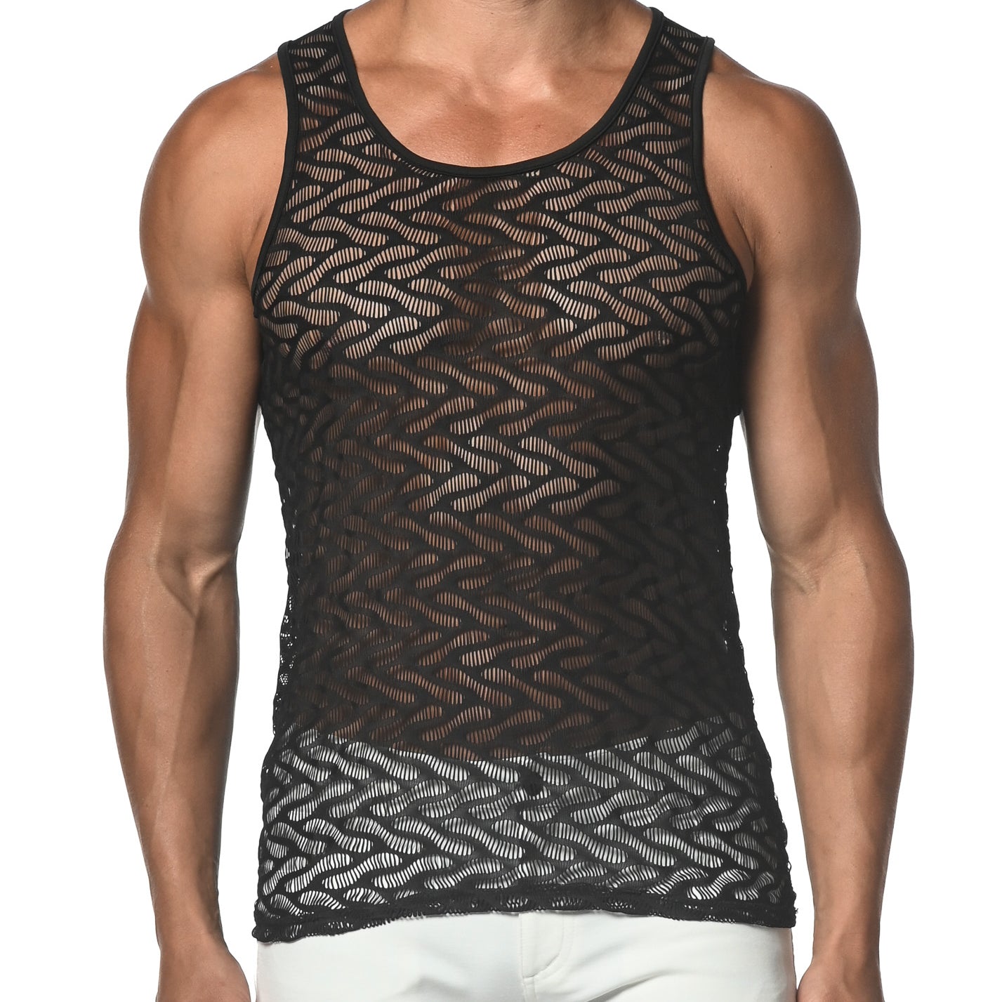 BLACK SQUIGGLY STRETCH GOSSAMER LACE TANK TOP  ST-25003