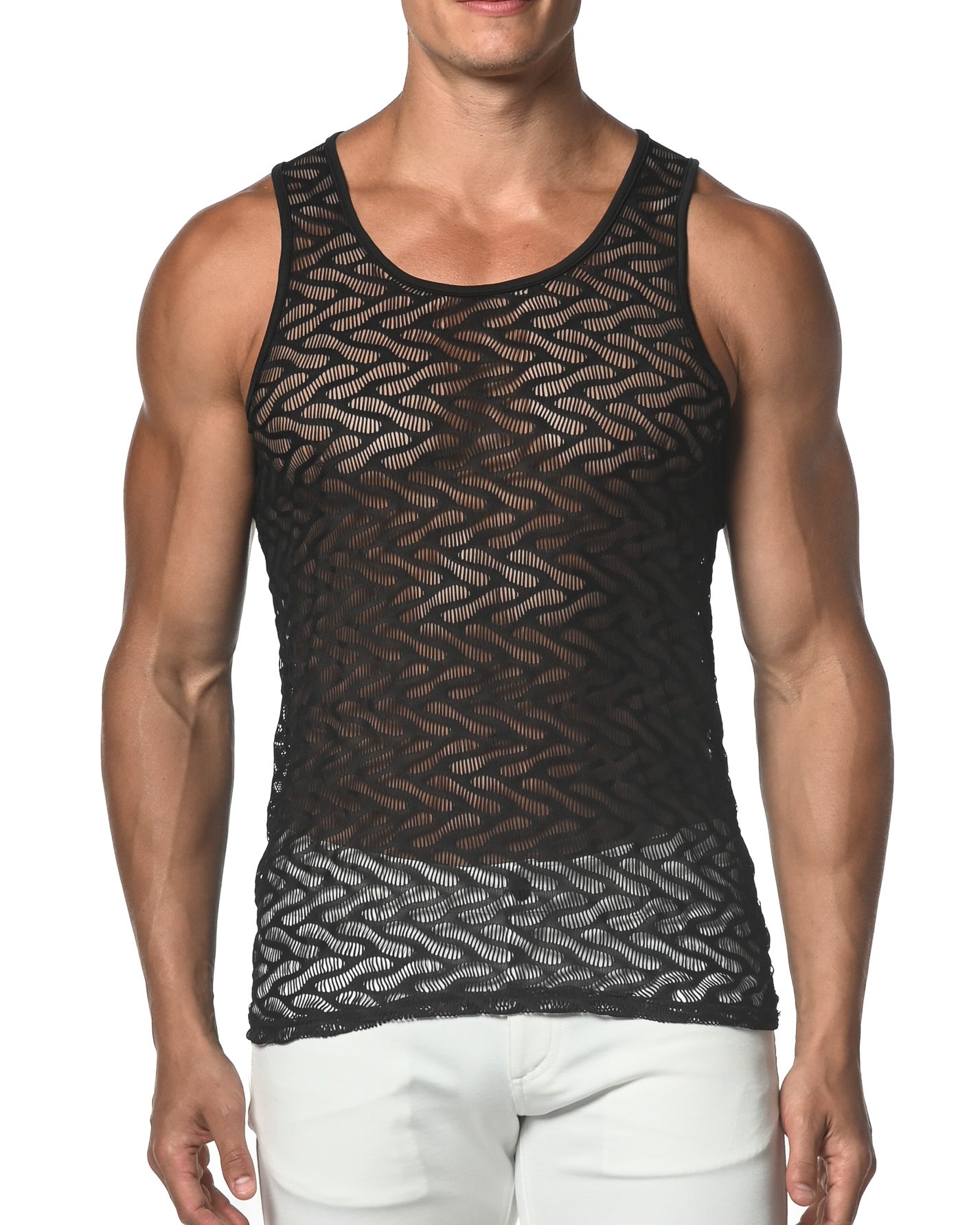 BLACK SQUIGGLY STRETCH GOSSAMER LACE TANK TOP  ST-25003