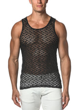 BLACK SQUIGGLY STRETCH GOSSAMER LACE TANK TOP  ST-25003
