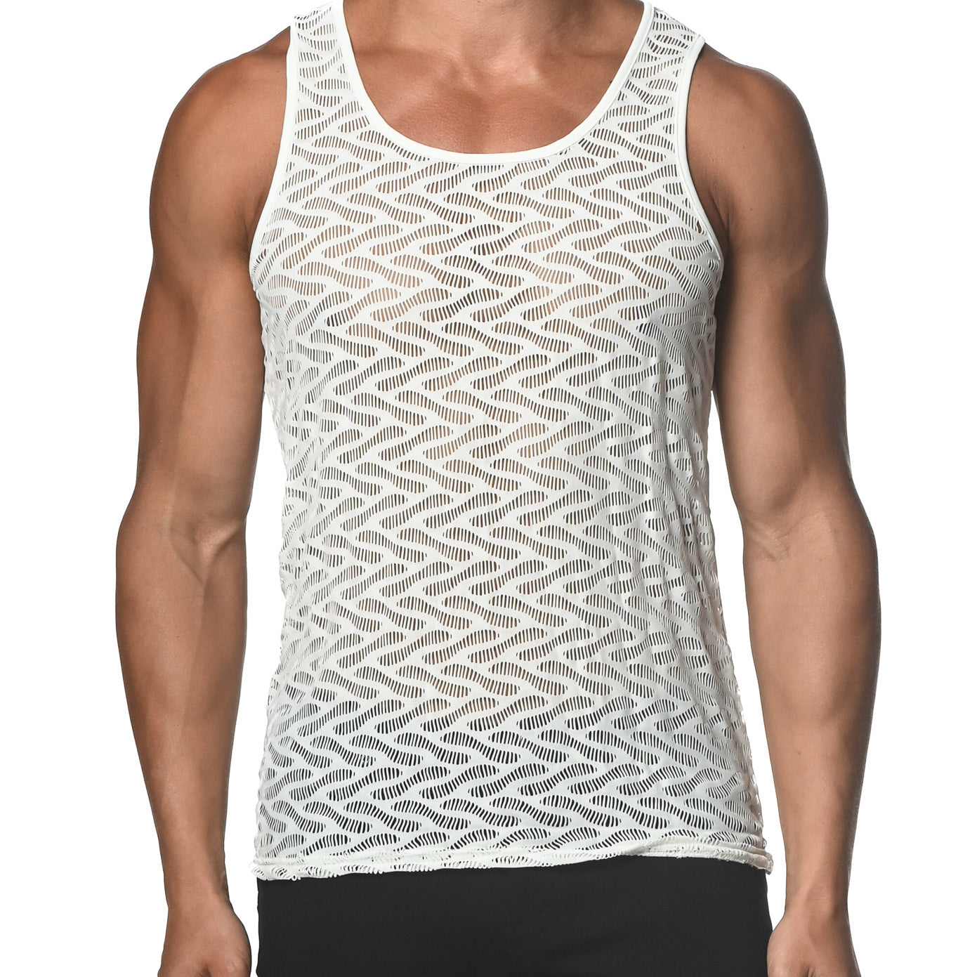 WHITE SQUIGGLY STRETCH GOSSAMER LACE TANK TOP  ST-25003