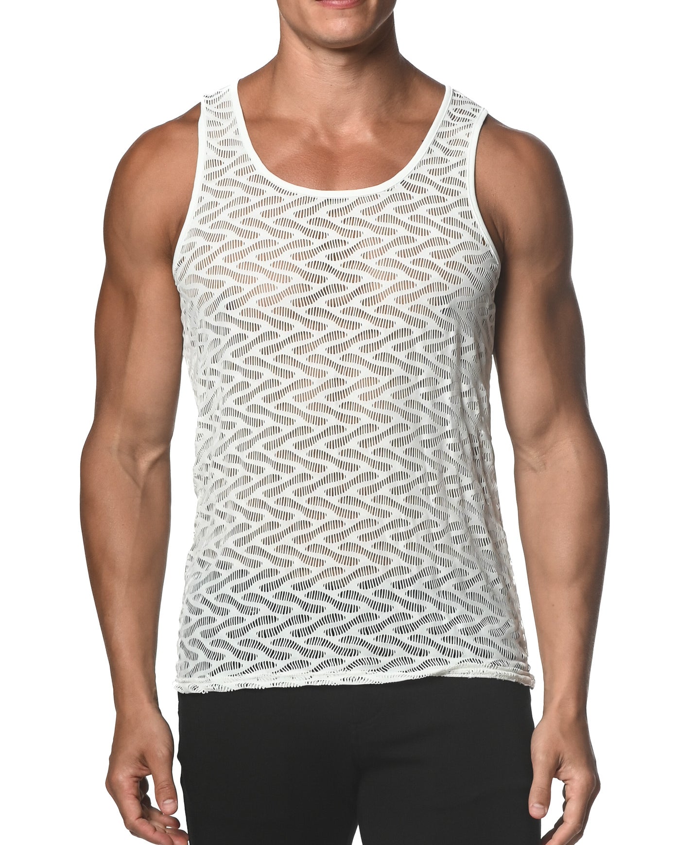 WHITE SQUIGGLY STRETCH GOSSAMER LACE TANK TOP  ST-25003