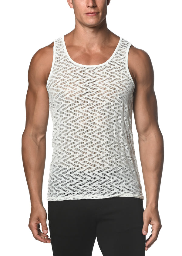 WHITE SQUIGGLY STRETCH GOSSAMER LACE TANK TOP  ST-25003