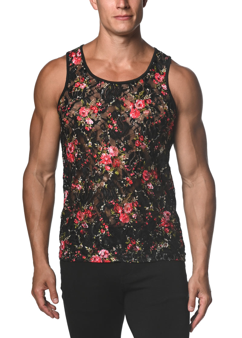 BLACK/RED FLORAL PRINTED STRETCH GOSSAMER LACE TANK TOP  ST-25011