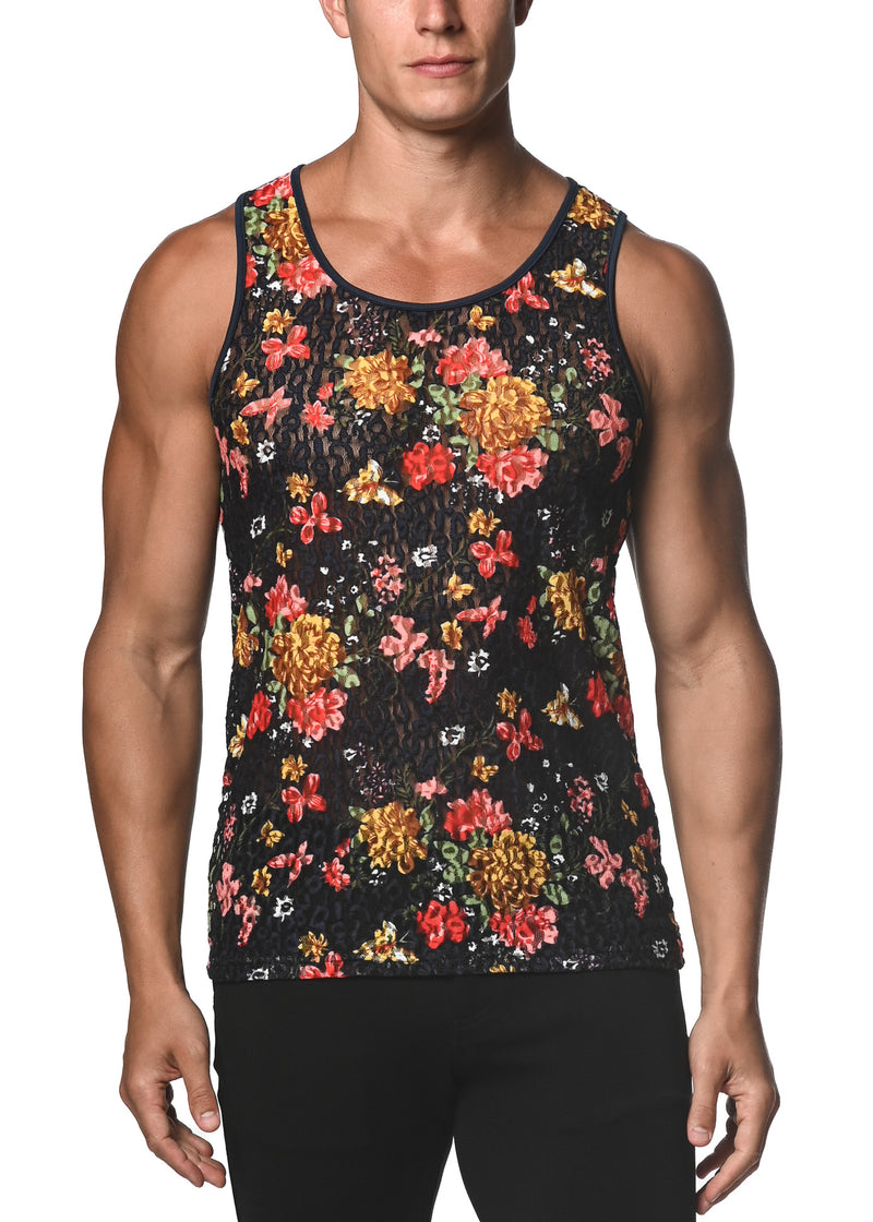 NAVY JUNGLE FLORAL PRINTED STRETCH GOSSAMER LACE TANK TOP  ST-25010