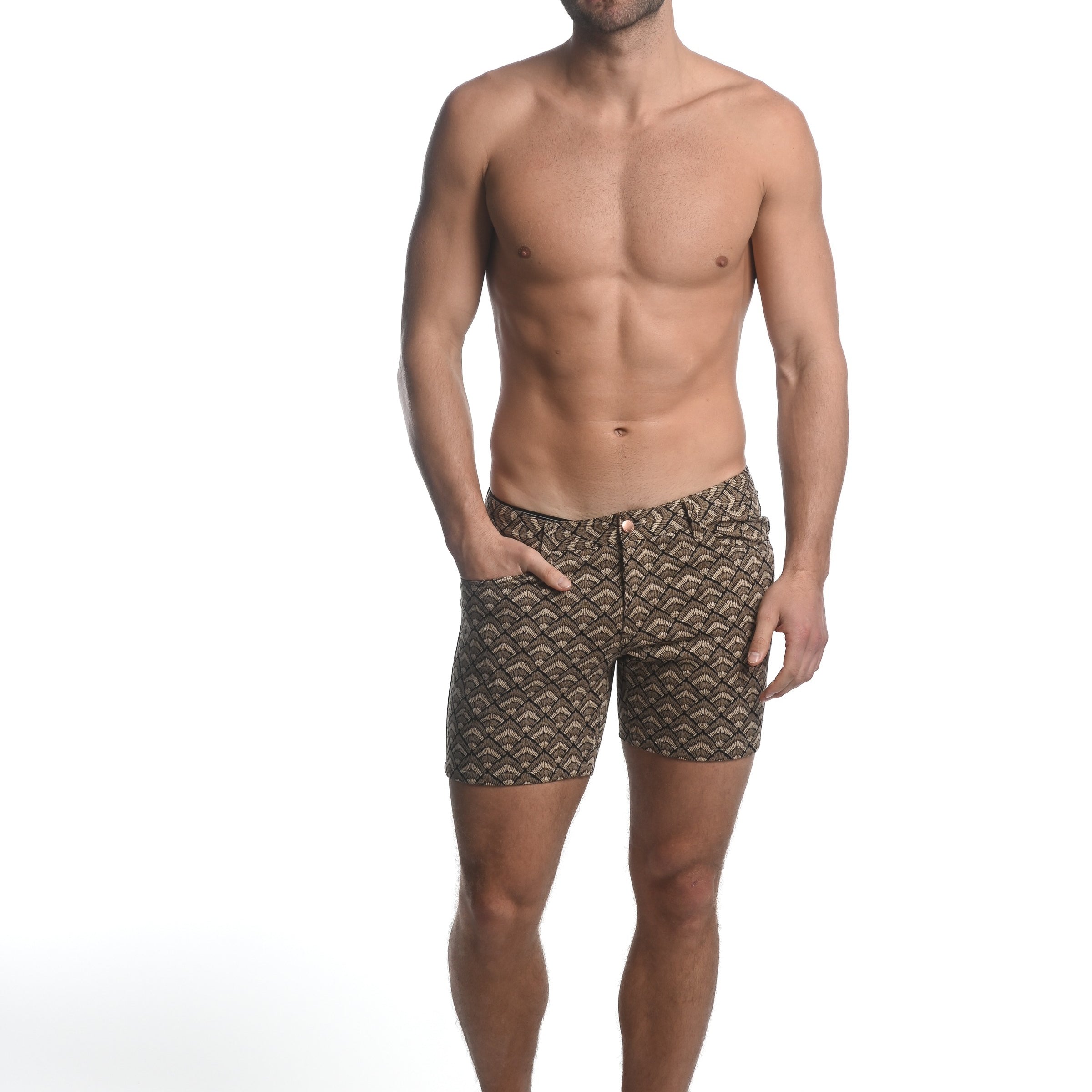 BRONZE/TAN BURSTS 5" INSEAM JACQUARD STRETCH KNIT JEANS SHORTS ST-1932-40-LX