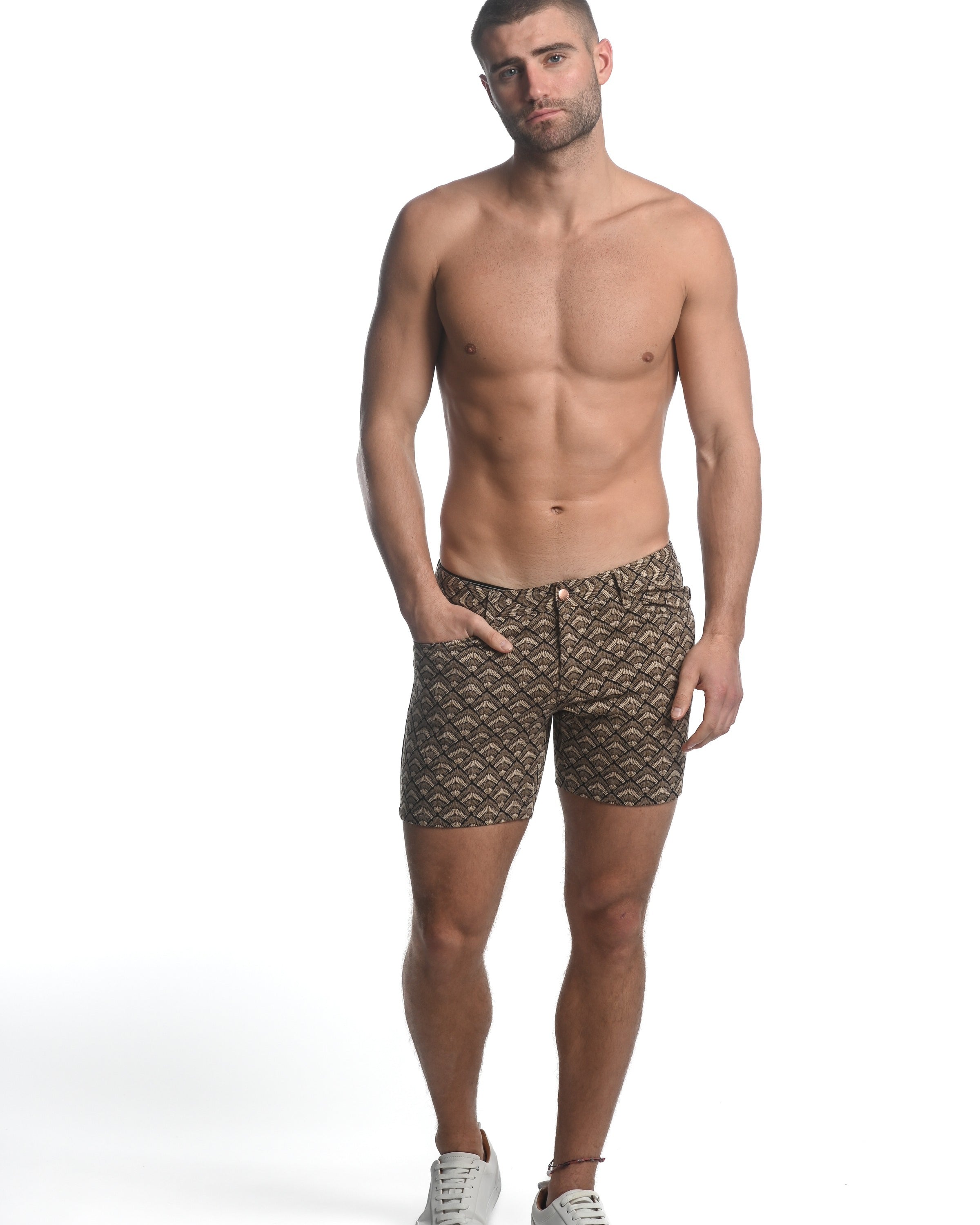 BRONZE/TAN BURSTS 5" INSEAM JACQUARD STRETCH KNIT JEANS SHORTS ST-1932-40-LX