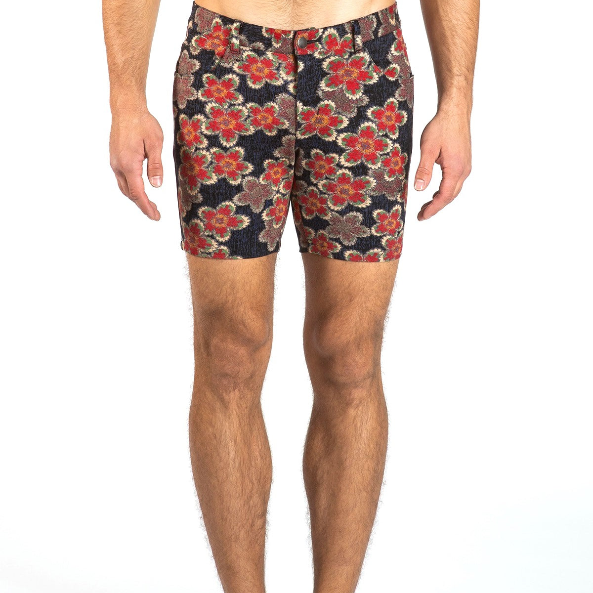 RED/NAVY FLORAL 5" STRETCH KNIT JEANS SHORTS Final Sale