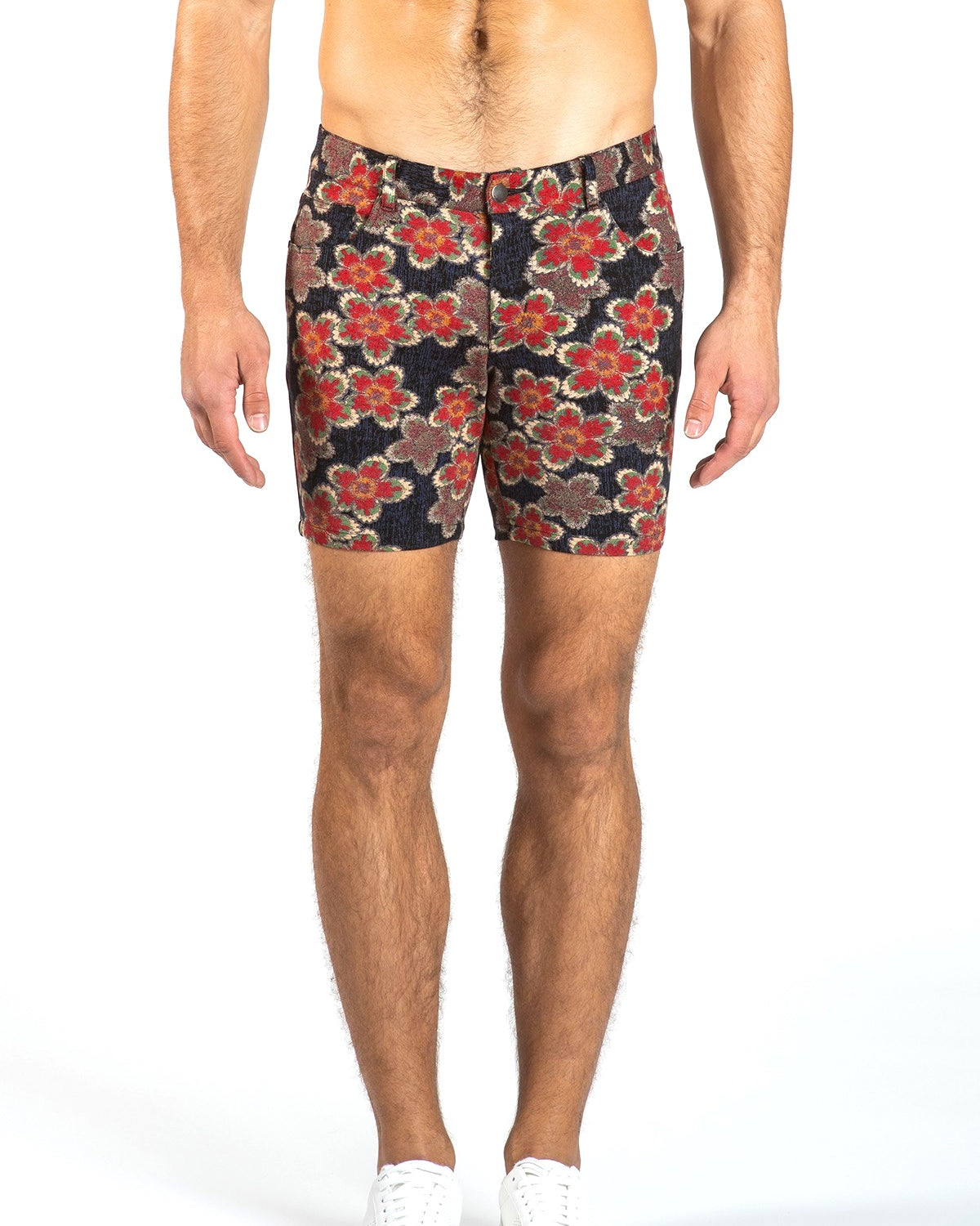 RED/NAVY FLORAL 5" STRETCH KNIT JEANS SHORTS Final Sale
